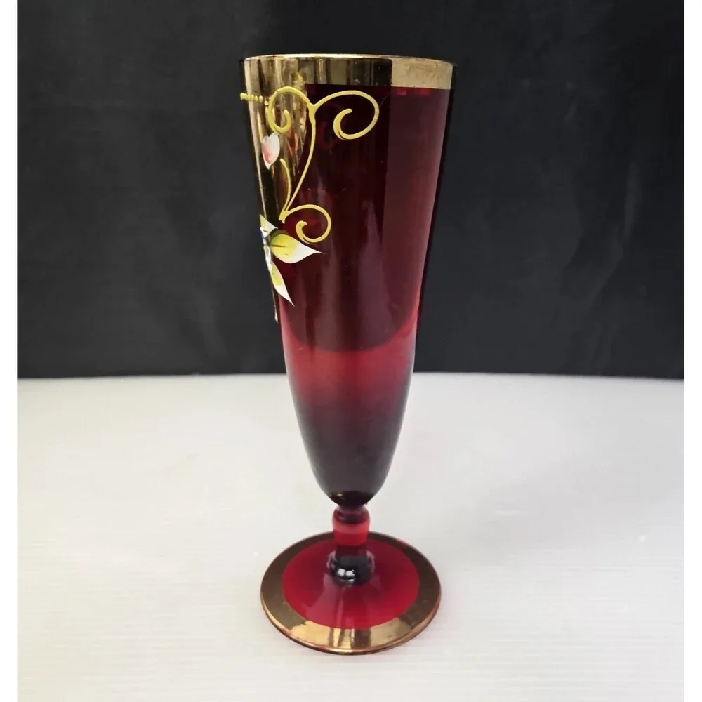 Venetian Ruby Red Wine Glass Vase Gold Gilt Enamel Floral Design Pedestal 7.25" - Picture 7 of 12